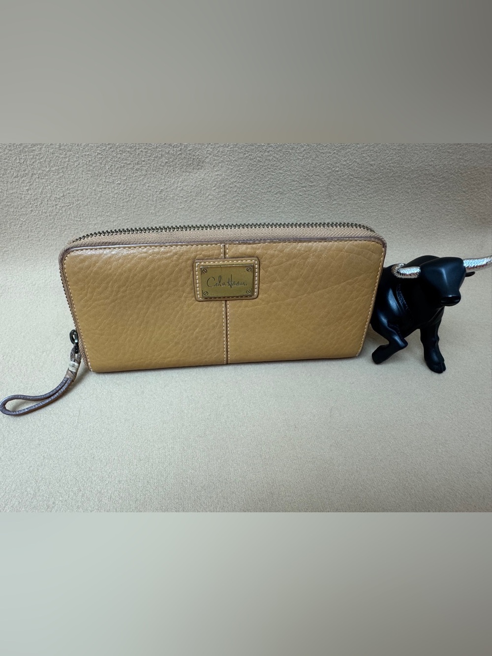 Cole Haan Caramel Leather Wallet with Gold Plaque